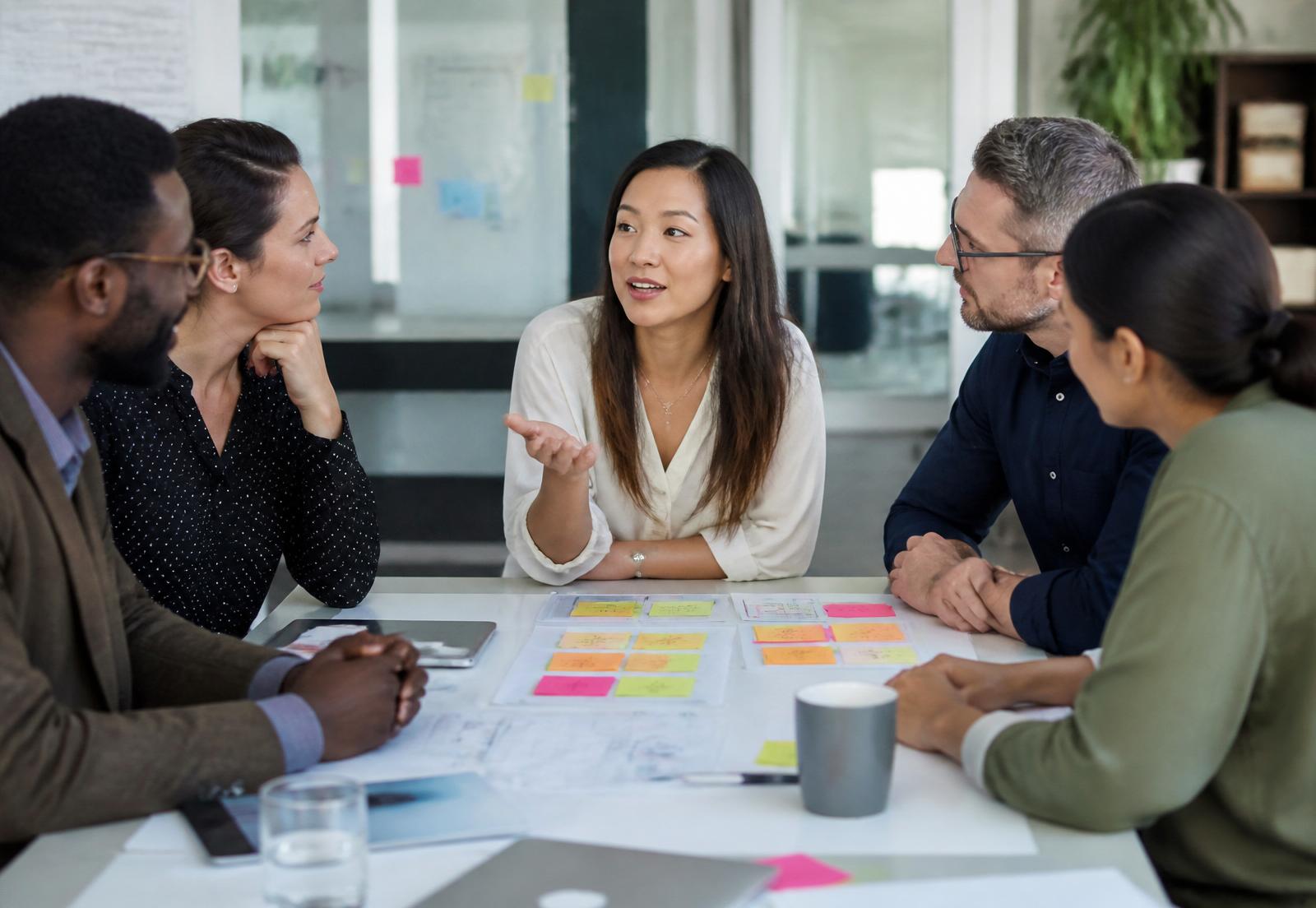 A diverse team of technology professionals in a project planning session around printed diagrams